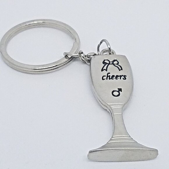 Key Chain Wine Glass Shaped Black Accent Bow Cheers Male Sign Gift Wedding 2" - Picture 2 of 6